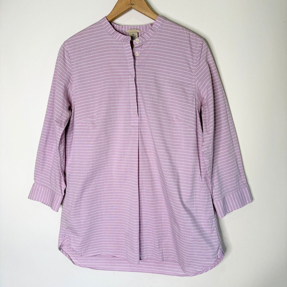 Duluth Trading Co Wrinklefighter 3/4 Sleeve Tunic Top Pockets Striped Pink M